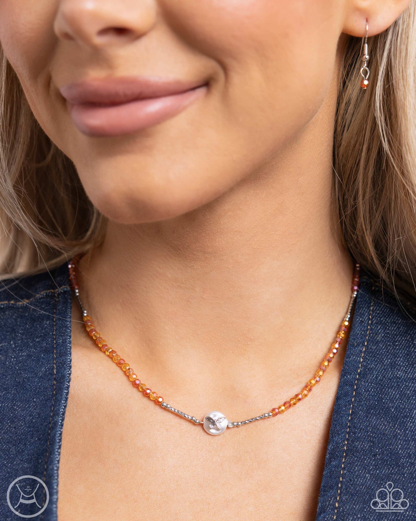 Aerial Action - Orange Bead Silver Butterfly Choker Necklace