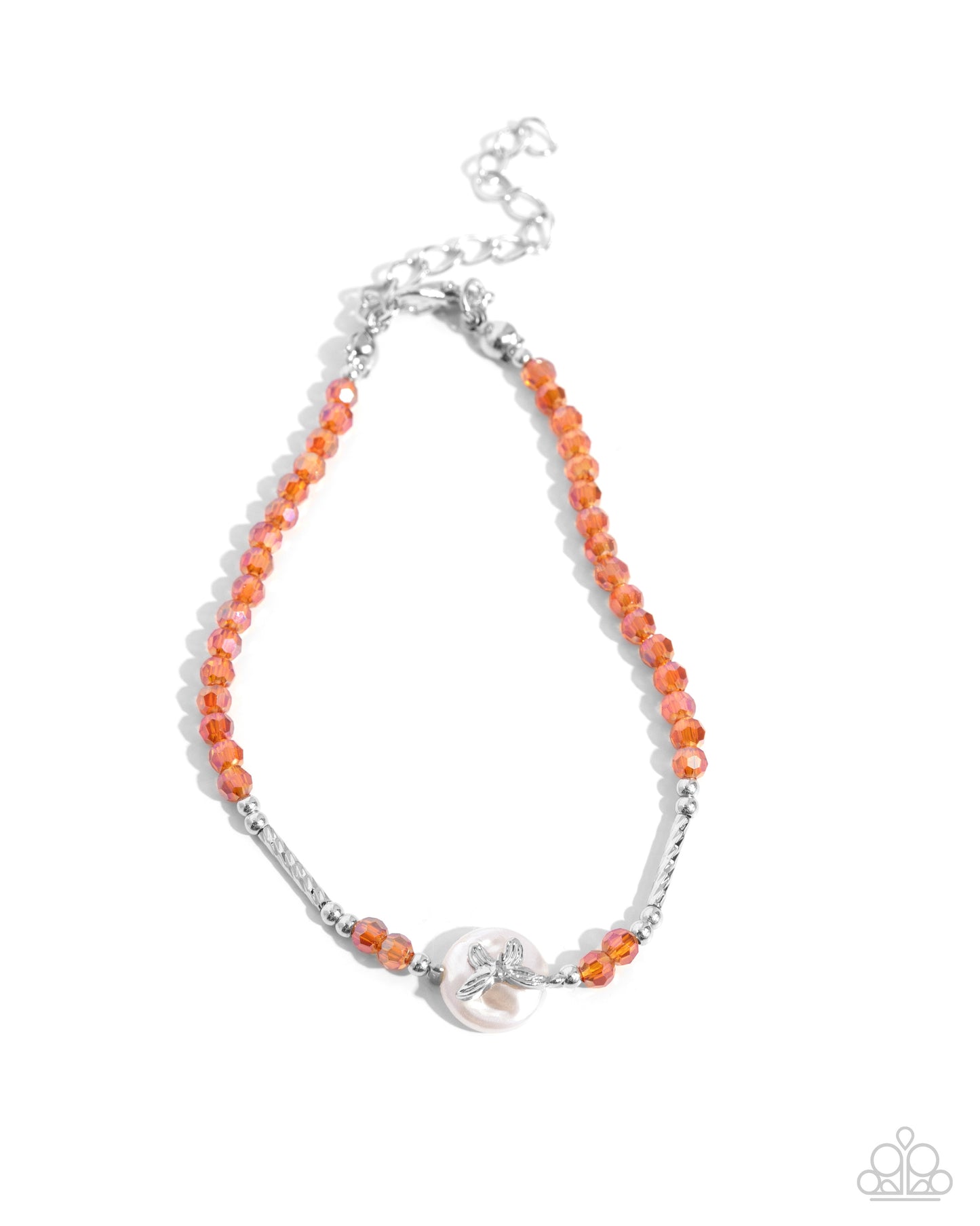 PERFECT MATCH / SET: Aerial Action - Orange Bead Silver Butterfly Choker Necklace AND Aerial Actress - Orange Bead Silver Butterly Clasp Bracelet