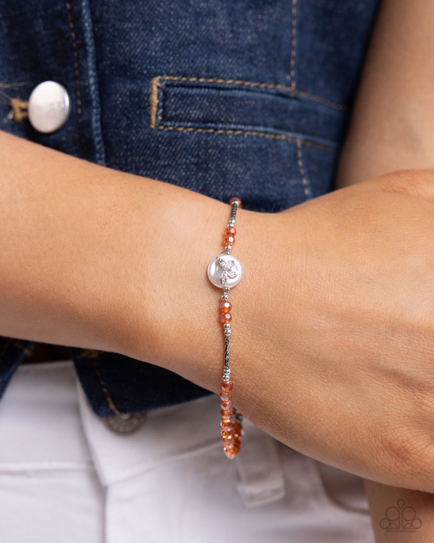 Aerial Actress - Orange Bead Silver Butterly Clasp Bracelet