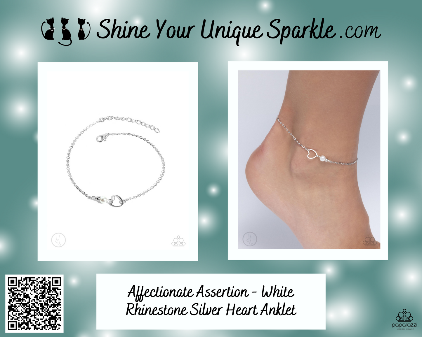 Affectionate Assertion - White Rhinestone Silver Heart Anklet