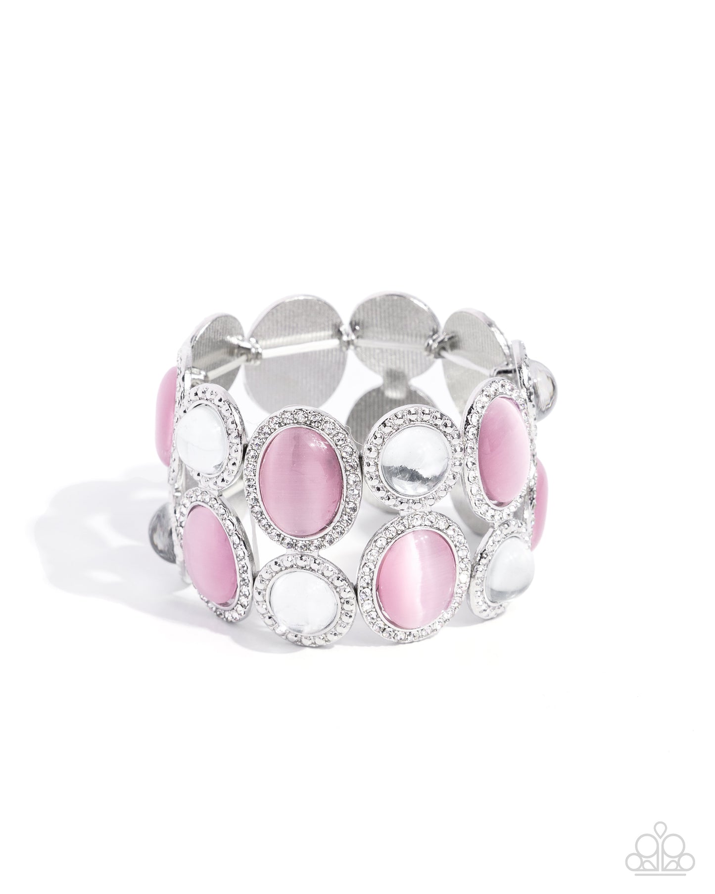 Affixed Appeal - Pink Cat's Eye White Rhinestone Silver Stretchy Bracelet