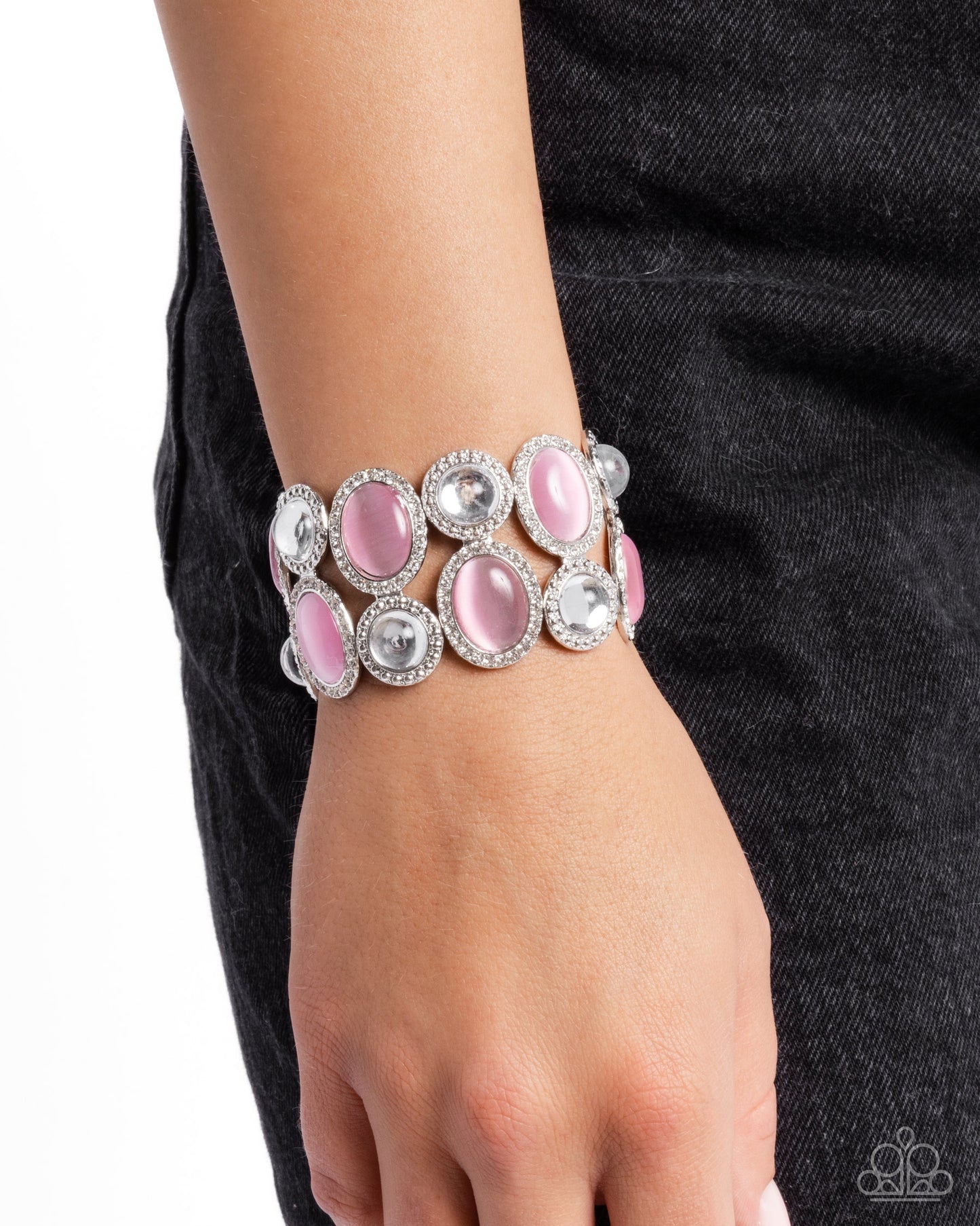 Affixed Appeal - Pink Cat's Eye White Rhinestone Silver Stretchy Bracelet