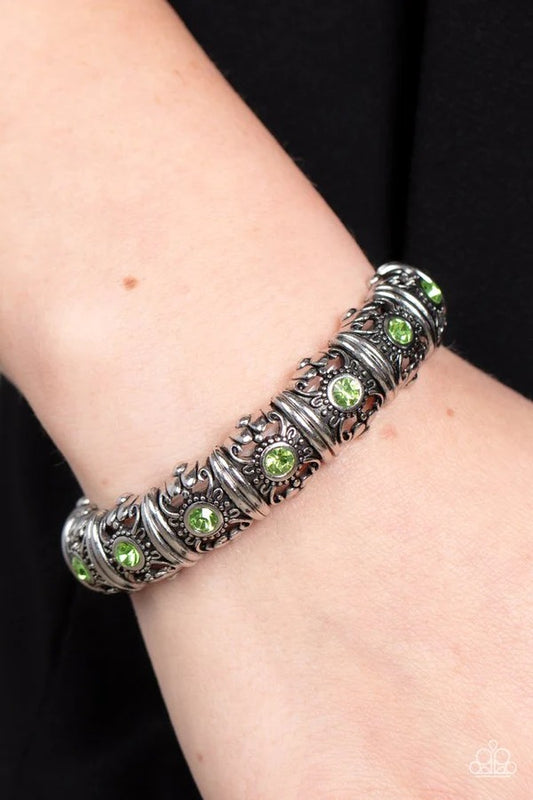 Ageless Glow - Green Rhinestone Silver Stretchy Bracelet