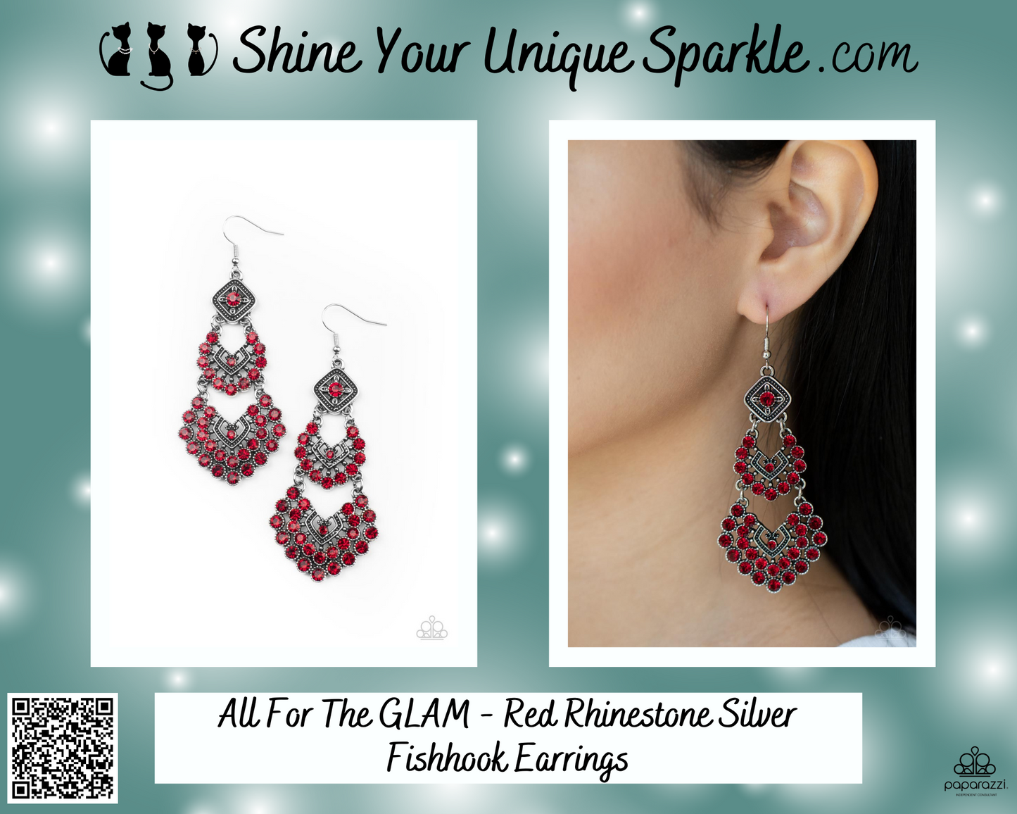 All For The GLAM - Red Rhinestone Silver Fishhook Earrings