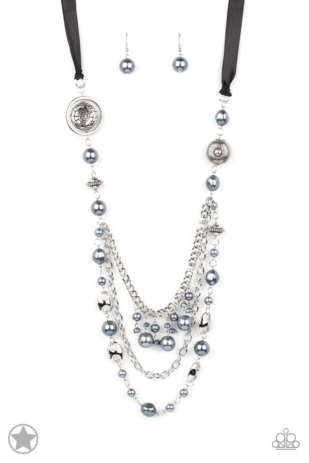 All The Trimmings - Black Ribbon Pearl and Silver Bead Long Necklace - Blockbuster