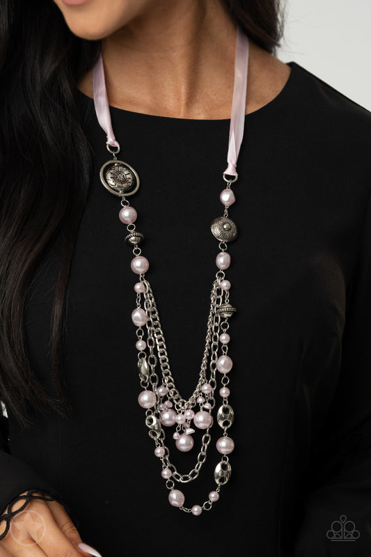 All The Trimmings - Pink Ribbon Pearl and Silver Bead Long Necklace - Blockbuster