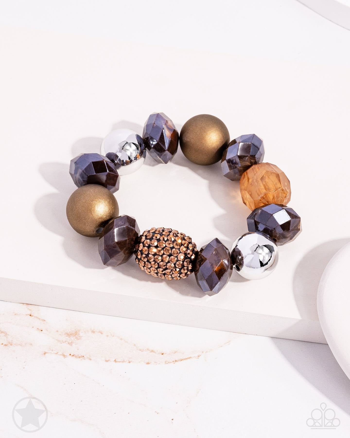 All Cozied Up - Copper, Brown and Silver Chunky Bead Stretchy Bracelet Blockbuster