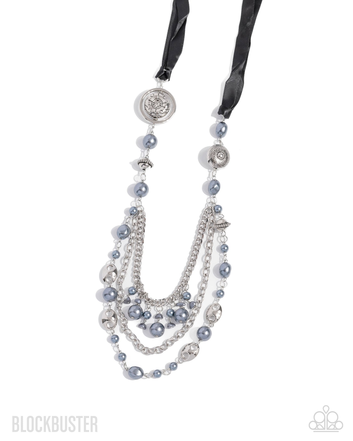 All The Trimmings - Black Ribbon Pearl and Silver Bead Long Necklace - Blockbuster