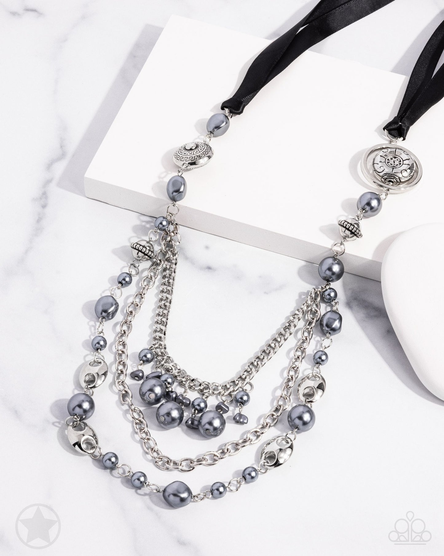 All The Trimmings - Black Ribbon Pearl and Silver Bead Long Necklace - Blockbuster