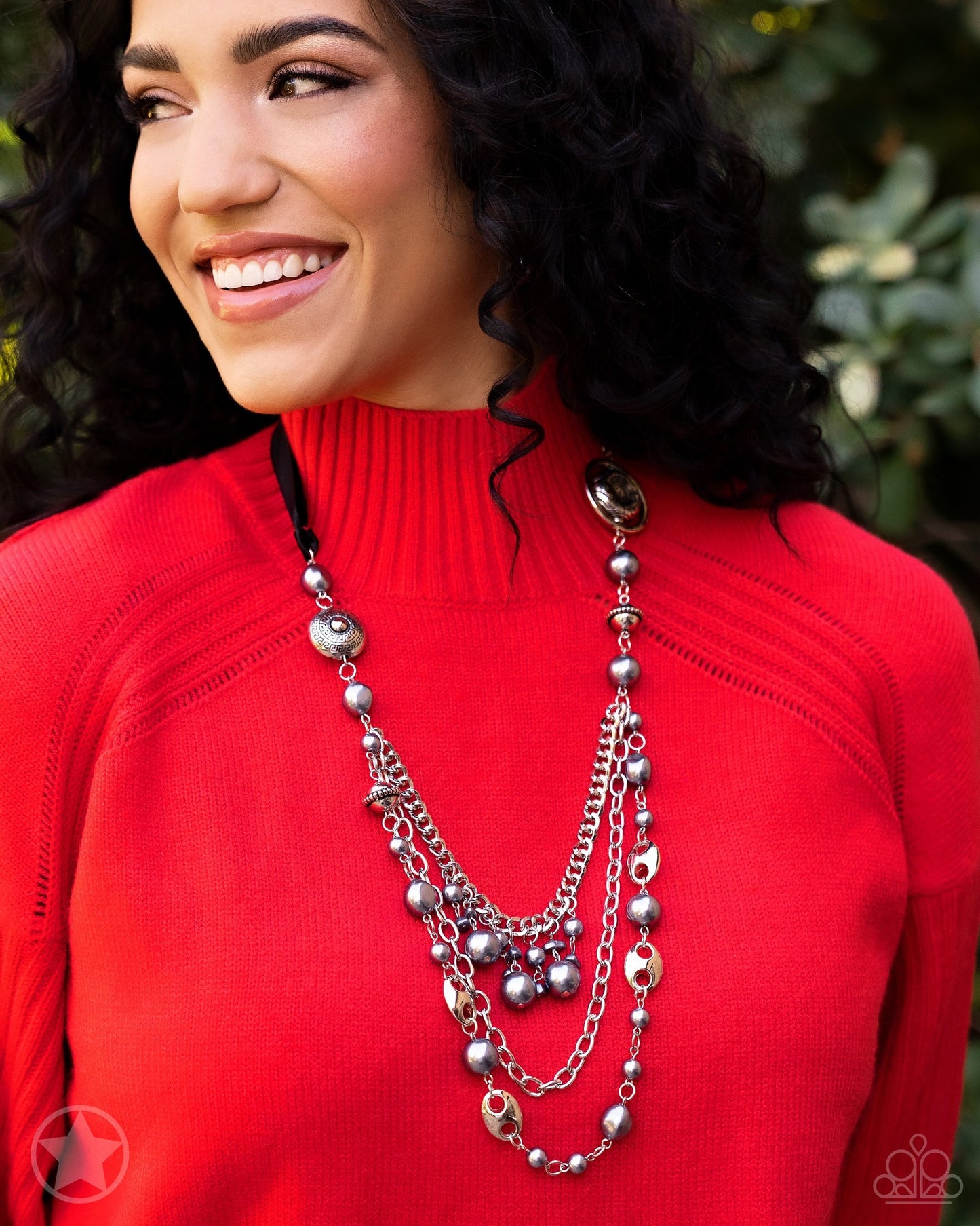 All The Trimmings - Black Ribbon Pearl and Silver Bead Long Necklace - Blockbuster