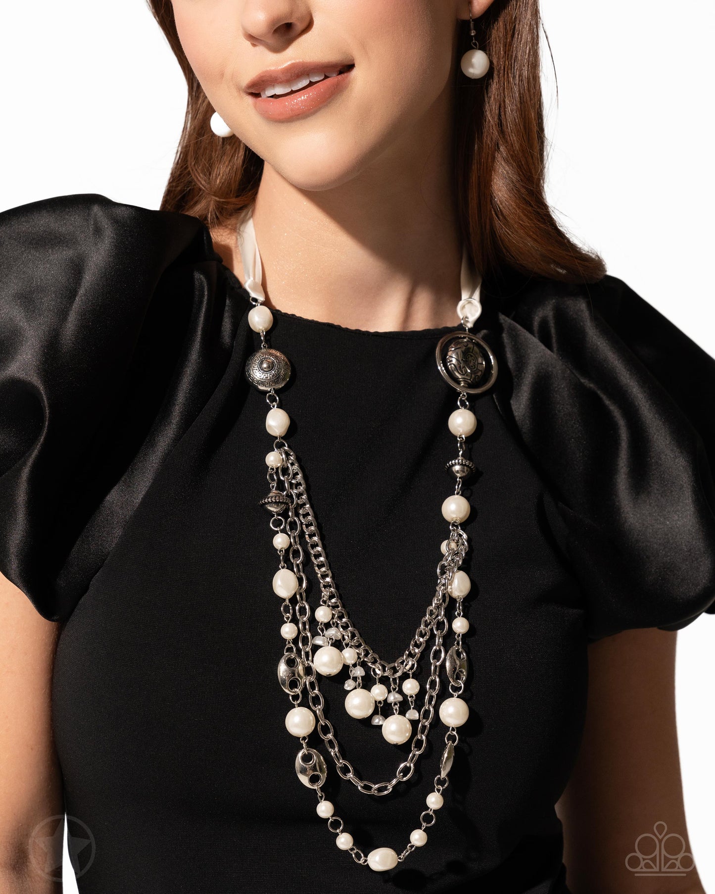 All The Trimmings - Ivory Ribbon Pearl and Silver Bead Long Necklace - Blockbuster