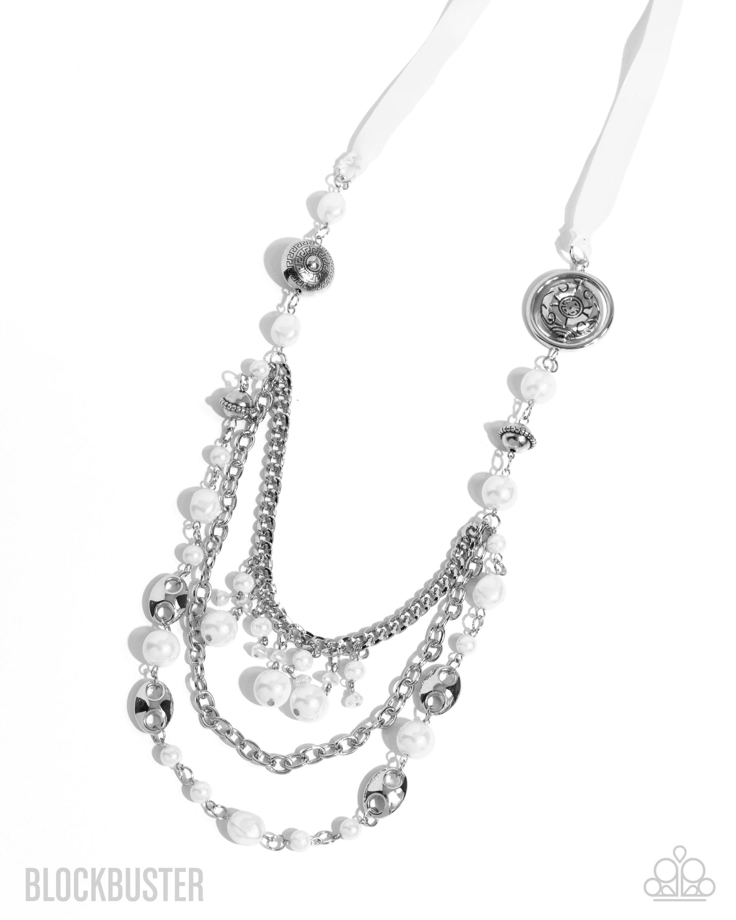 All The Trimmings - Ivory Ribbon Pearl and Silver Bead Long Necklace - Blockbuster