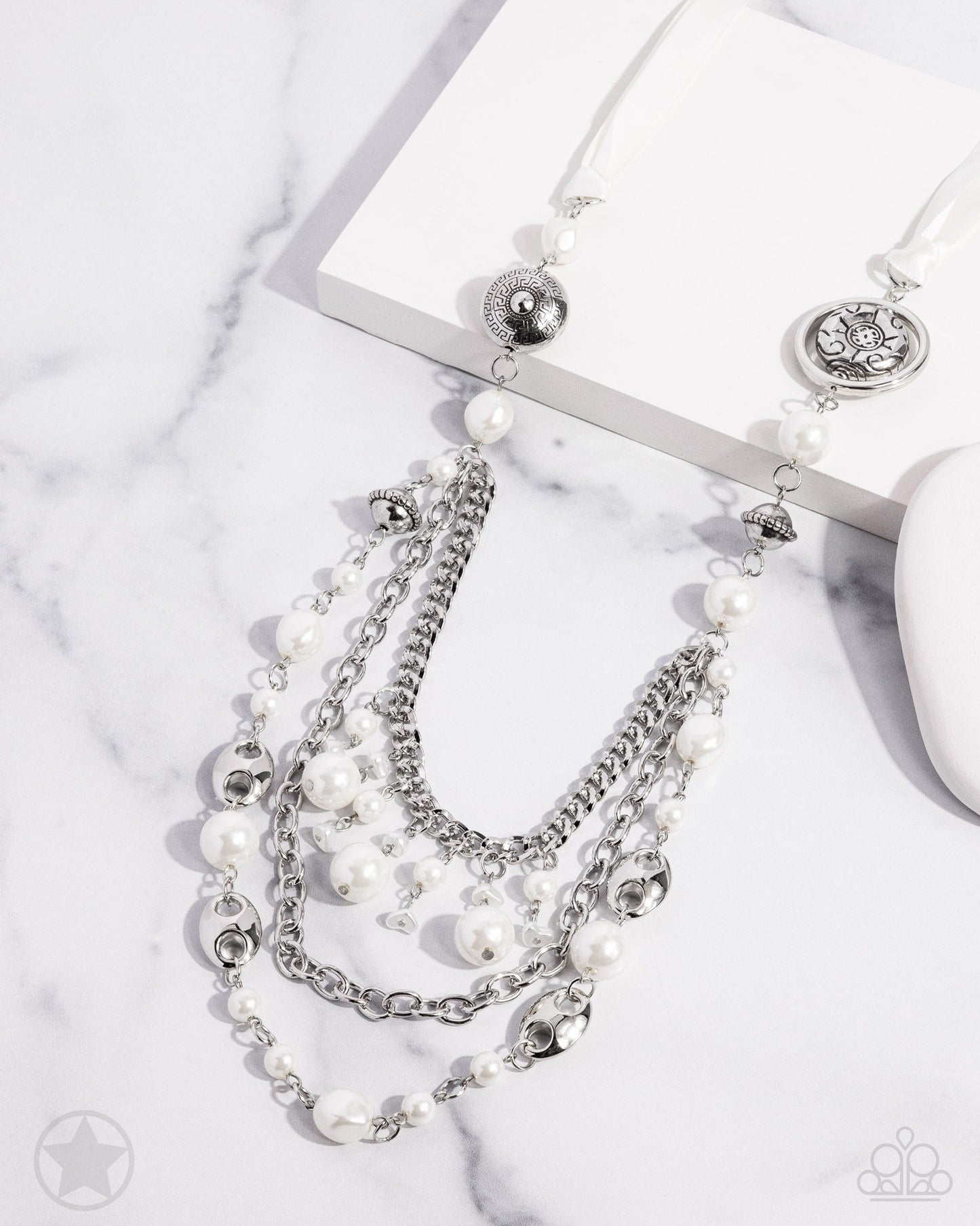 All The Trimmings - Ivory Ribbon Pearl and Silver Bead Long Necklace - Blockbuster