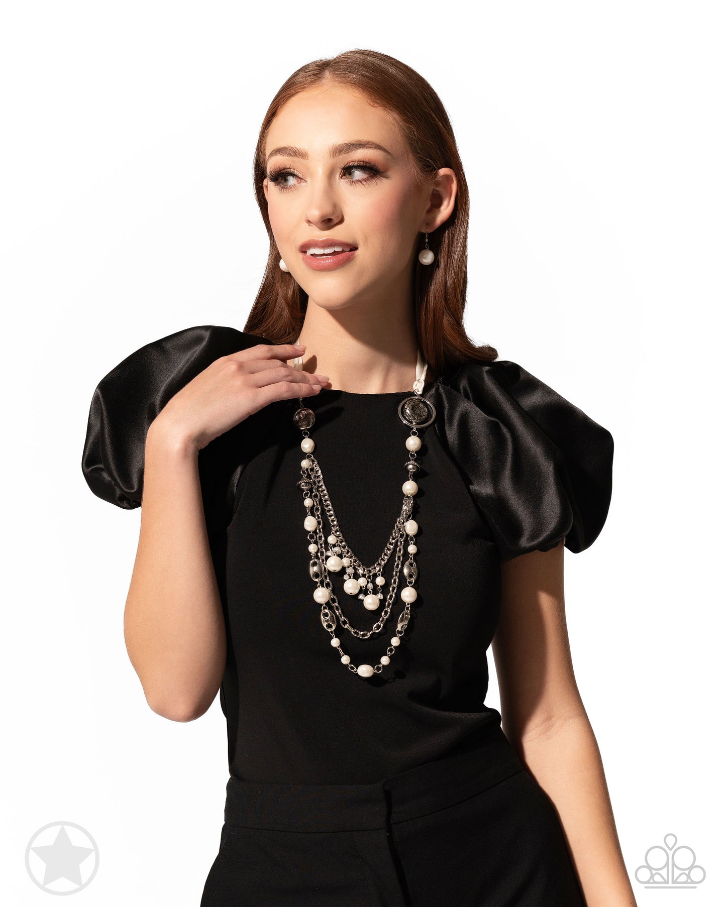 All The Trimmings - Ivory Ribbon Pearl and Silver Bead Long Necklace - Blockbuster