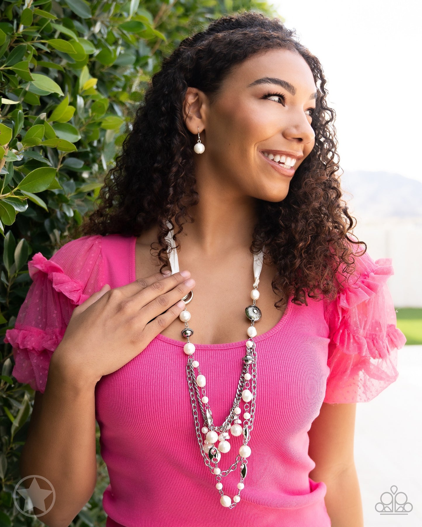 All The Trimmings - Ivory Ribbon Pearl and Silver Bead Long Necklace - Blockbuster