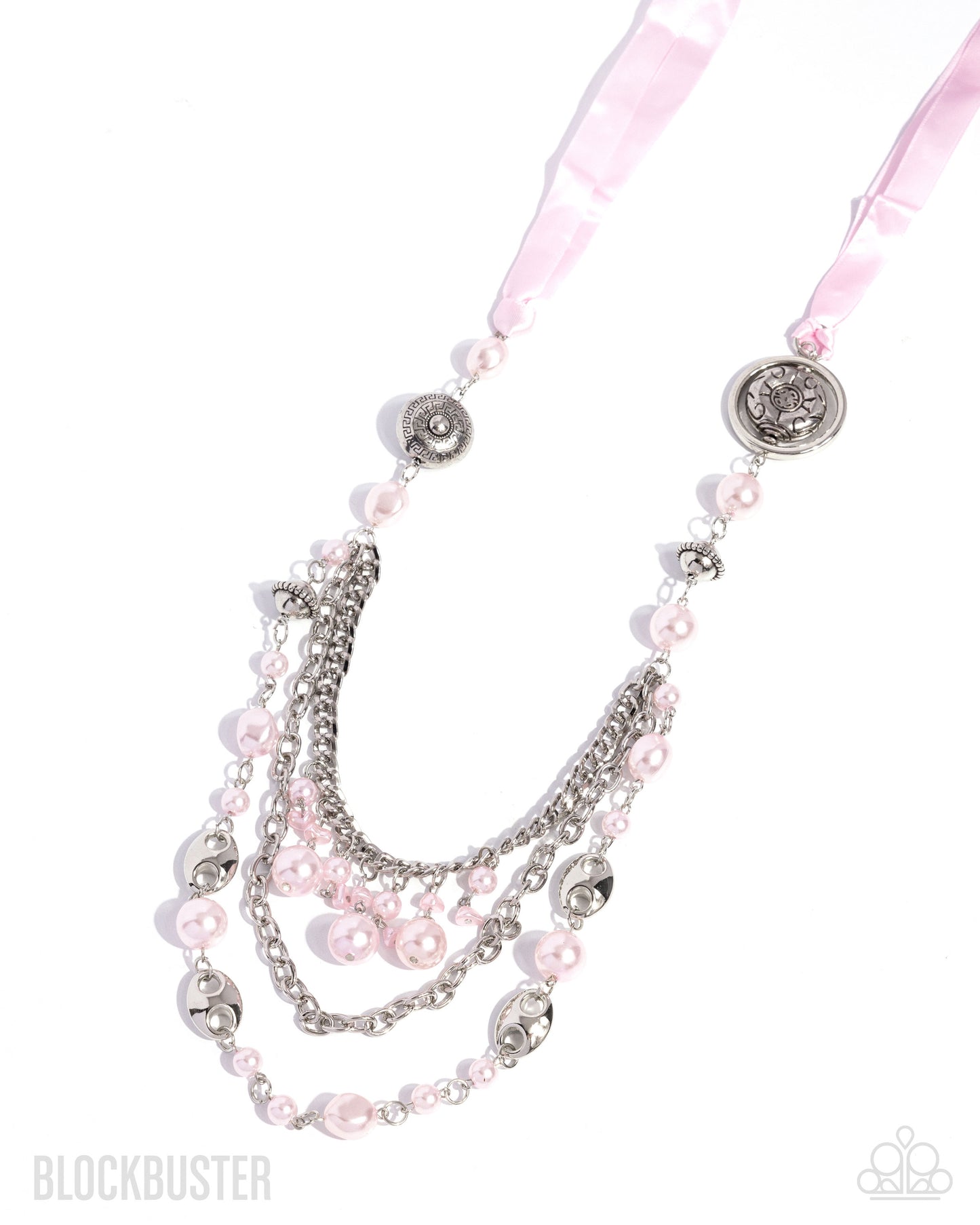 All The Trimmings - Pink Ribbon Pearl and Silver Bead Long Necklace - Blockbuster