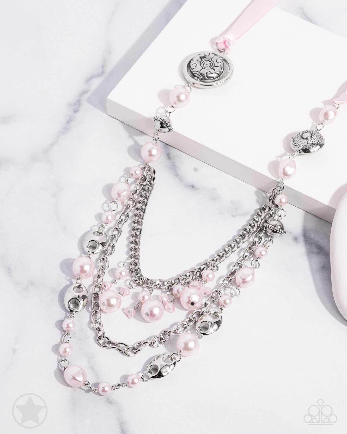 All The Trimmings - Pink Ribbon Pearl and Silver Bead Long Necklace - Blockbuster