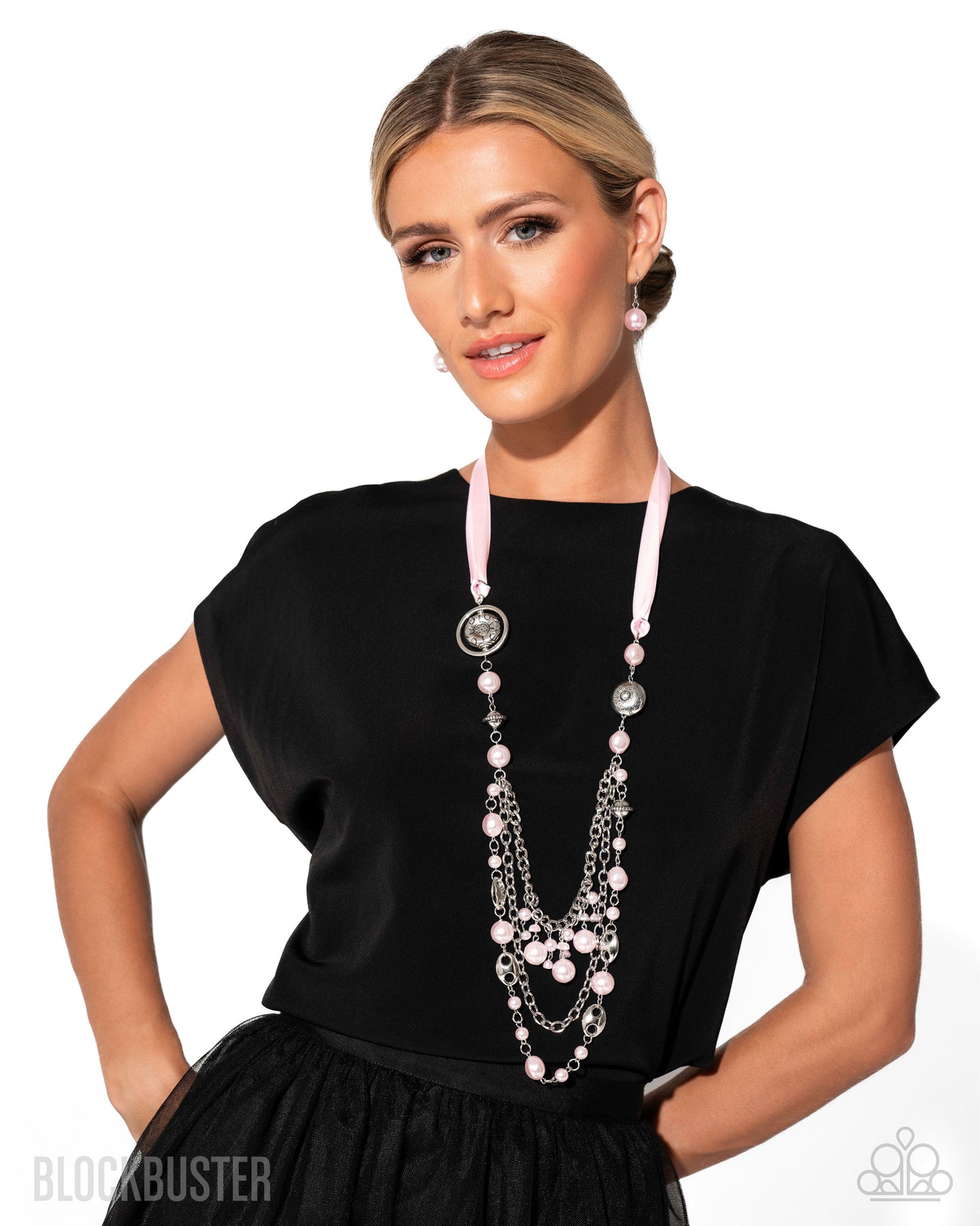 All The Trimmings - Pink Ribbon Pearl and Silver Bead Long Necklace - Blockbuster