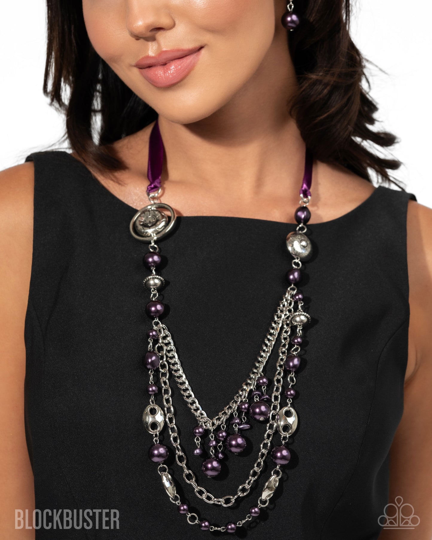 All The Trimmings - Purple Ribbon Pearl and Silver Bead Long Necklace - Blockbuster