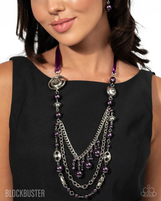 All The Trimmings - Purple Ribbon Pearl and Silver Bead Long Necklace - Blockbuster