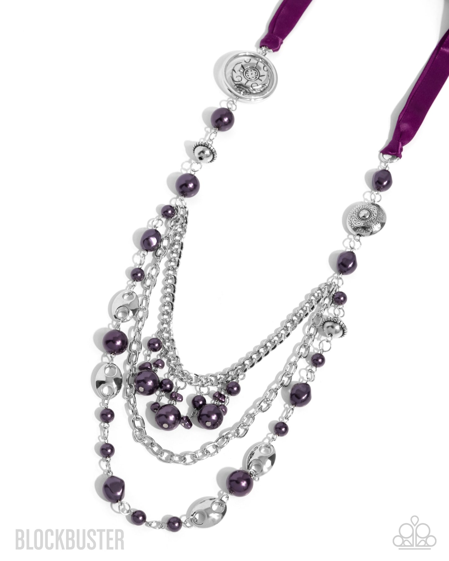 All The Trimmings - Purple Ribbon Pearl and Silver Bead Long Necklace - Blockbuster