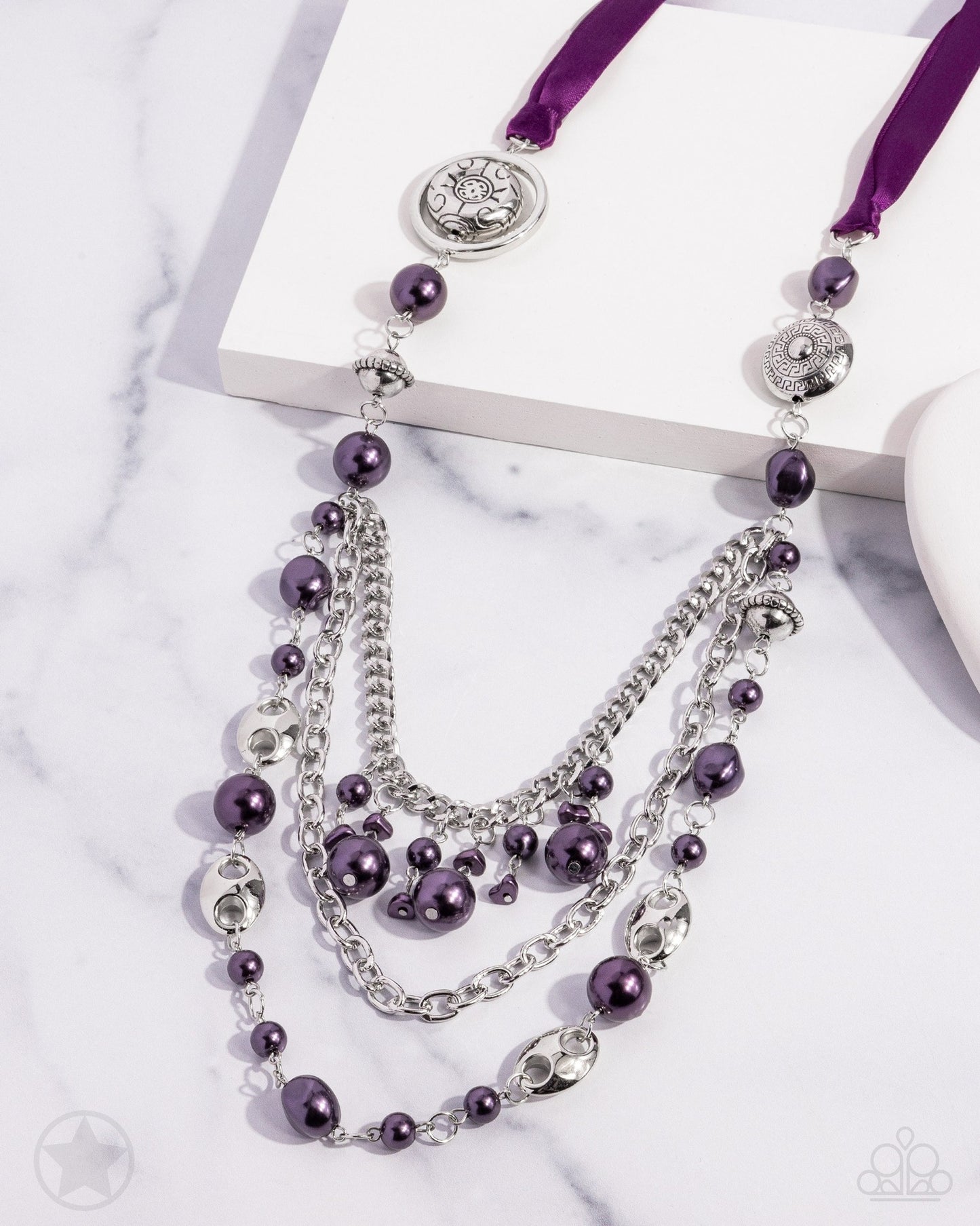 All The Trimmings - Purple Ribbon Pearl and Silver Bead Long Necklace - Blockbuster