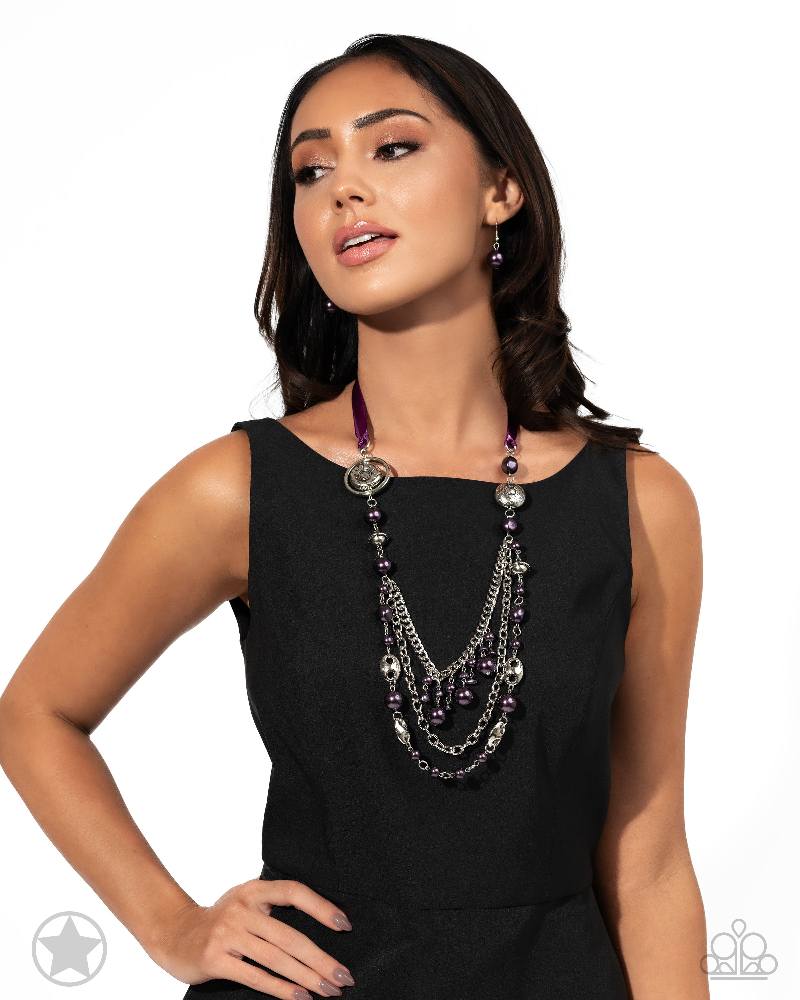 All The Trimmings - Purple Ribbon Pearl and Silver Bead Long Necklace - Blockbuster