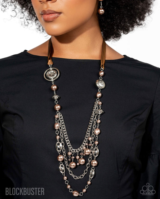 All The Trimmings - Brown Ribbon Pearl and Silver Bead Long Necklace - Blockbuster