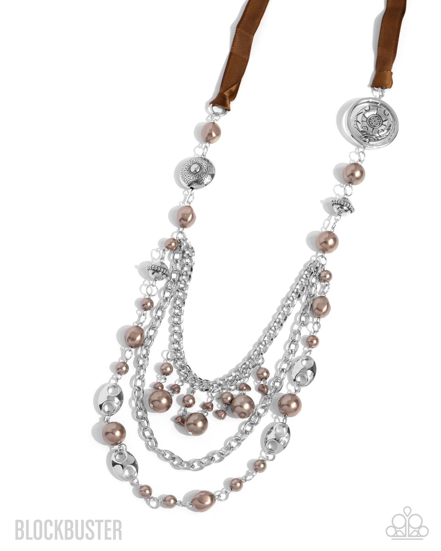 All The Trimmings - Brown Ribbon Pearl and Silver Bead Long Necklace - Blockbuster