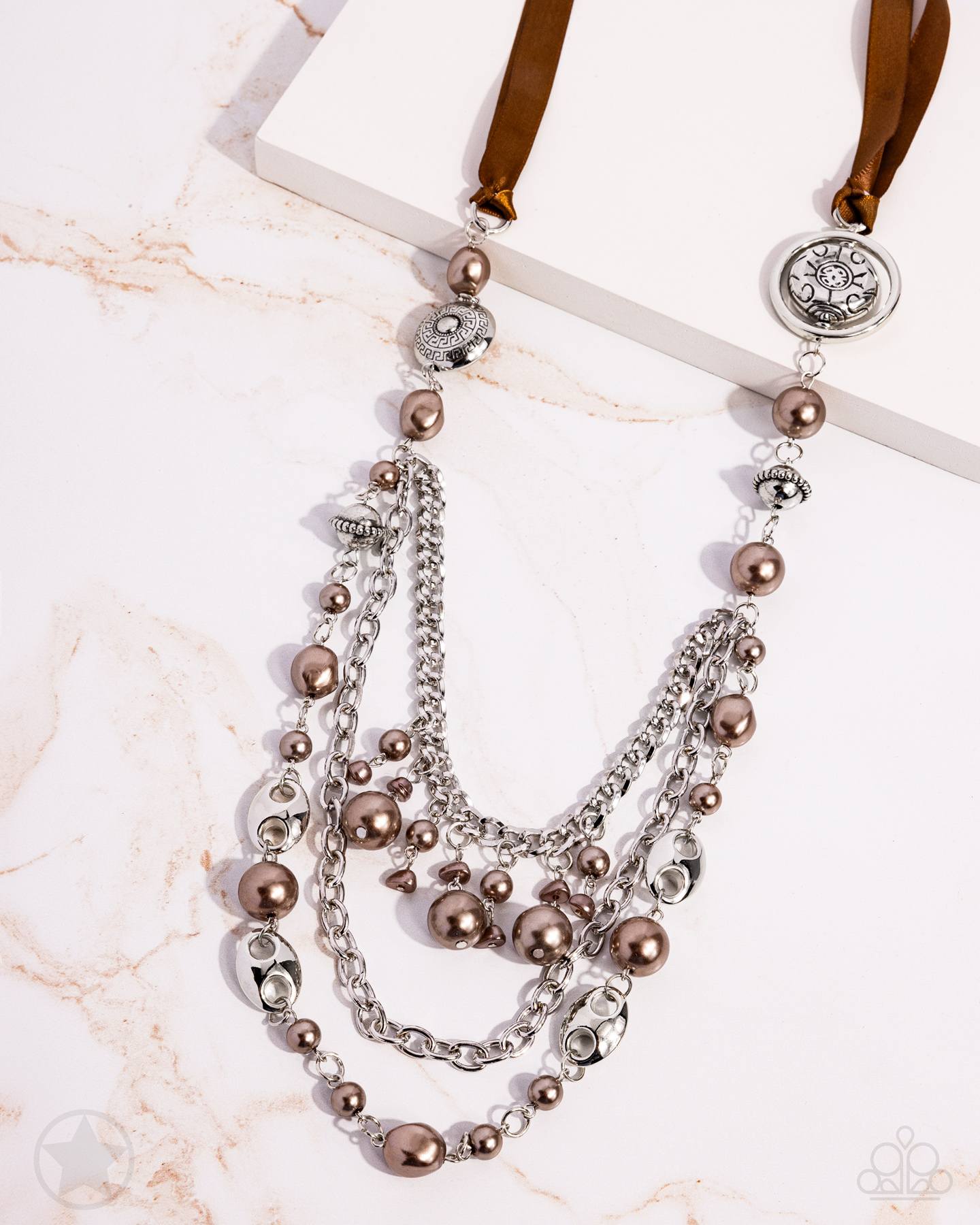 All The Trimmings - Brown Ribbon Pearl and Silver Bead Long Necklace - Blockbuster