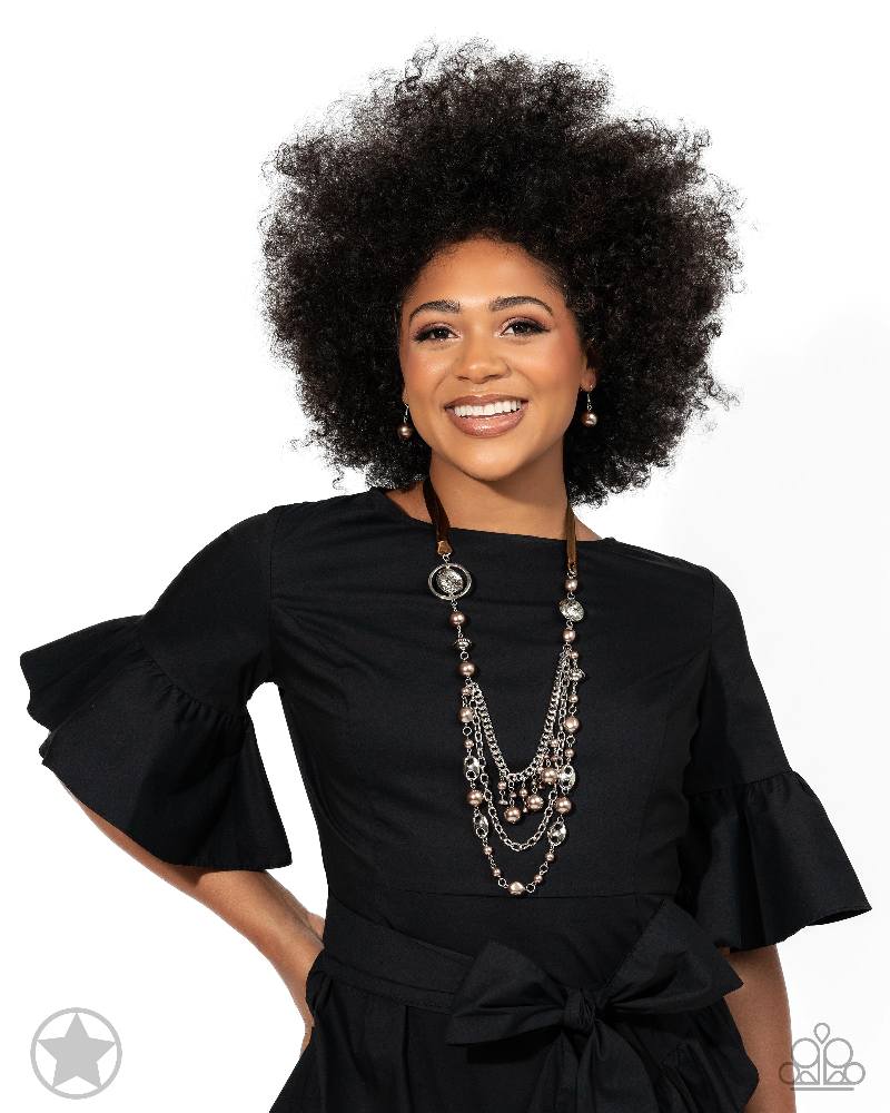 All The Trimmings - Brown Ribbon Pearl and Silver Bead Long Necklace - Blockbuster