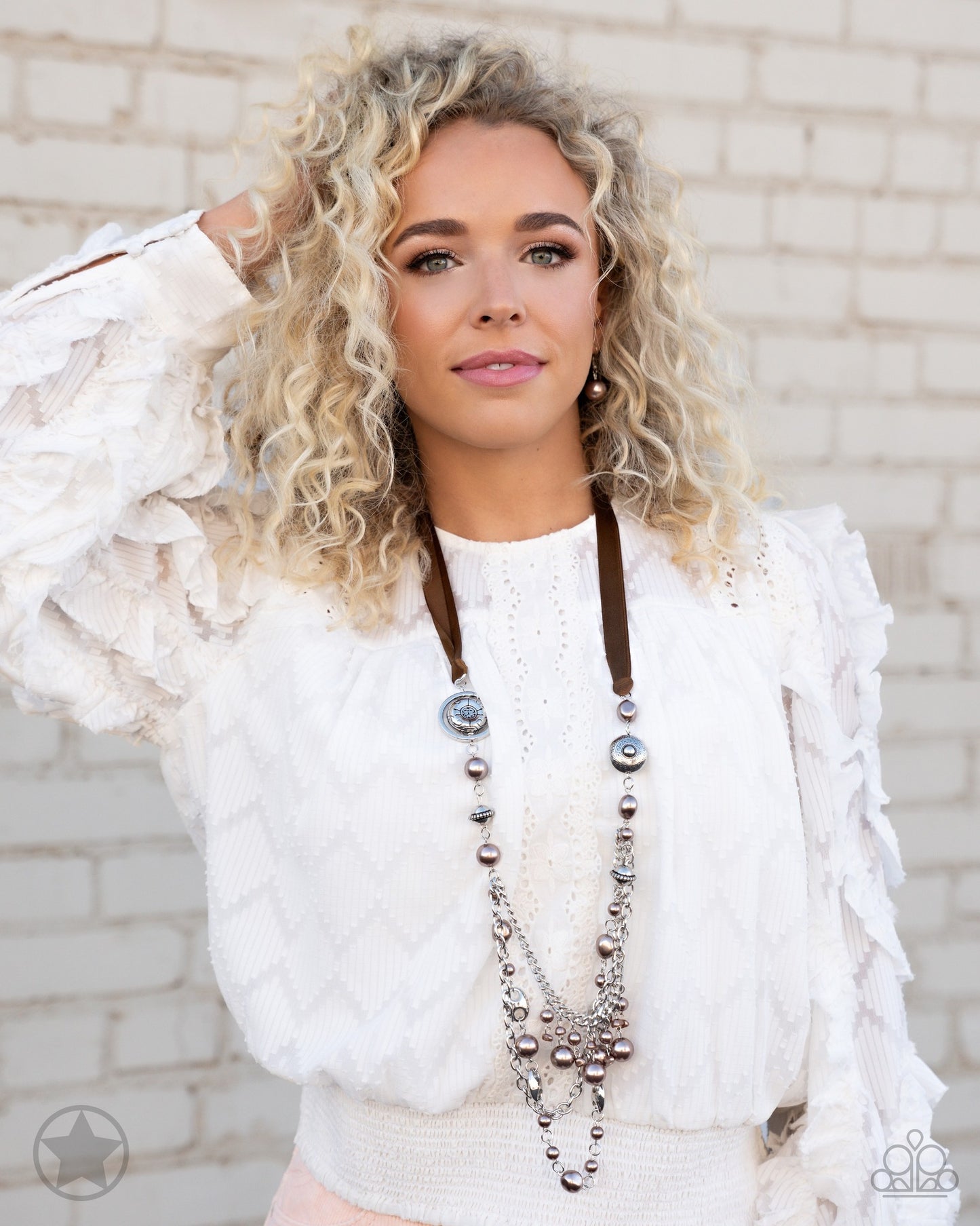 All The Trimmings - Brown Ribbon Pearl and Silver Bead Long Necklace - Blockbuster