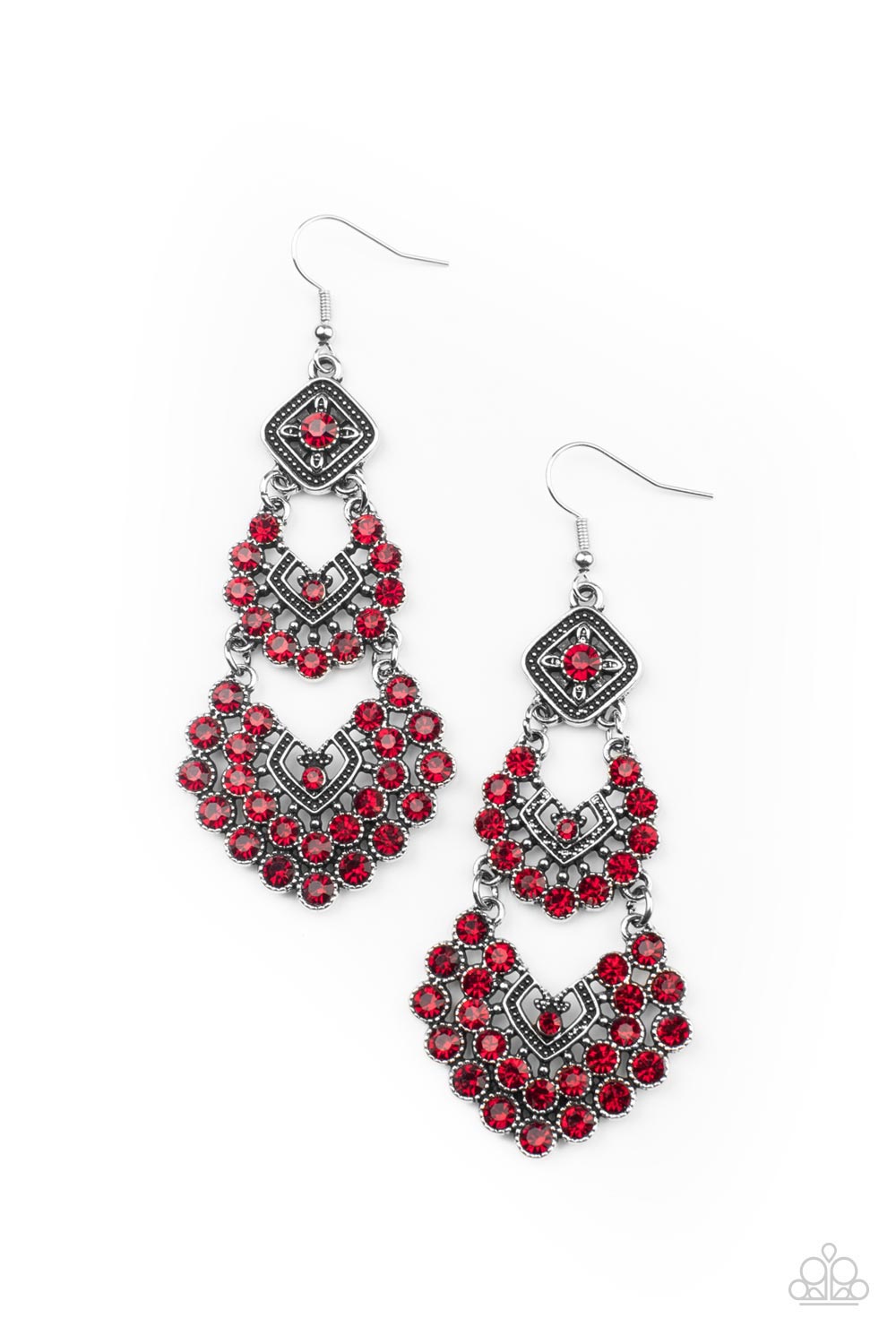 All For The GLAM - Red Rhinestone Silver Fishhook Earrings