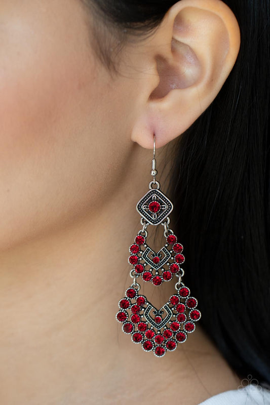 All For The GLAM - Red Rhinestone Silver Fishhook Earrings