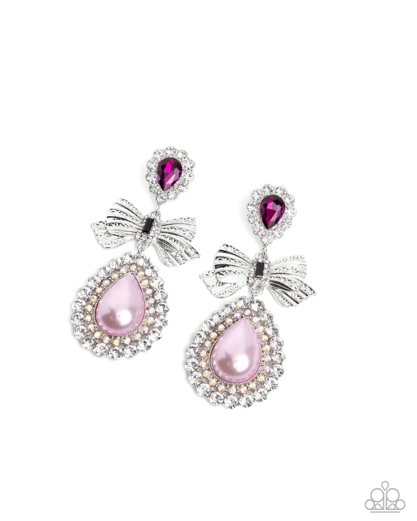 Alluring Aesthetic - Multi Pink Gem Iridescent Rhinestone Silver Bow Post Earrings - Life of the Party