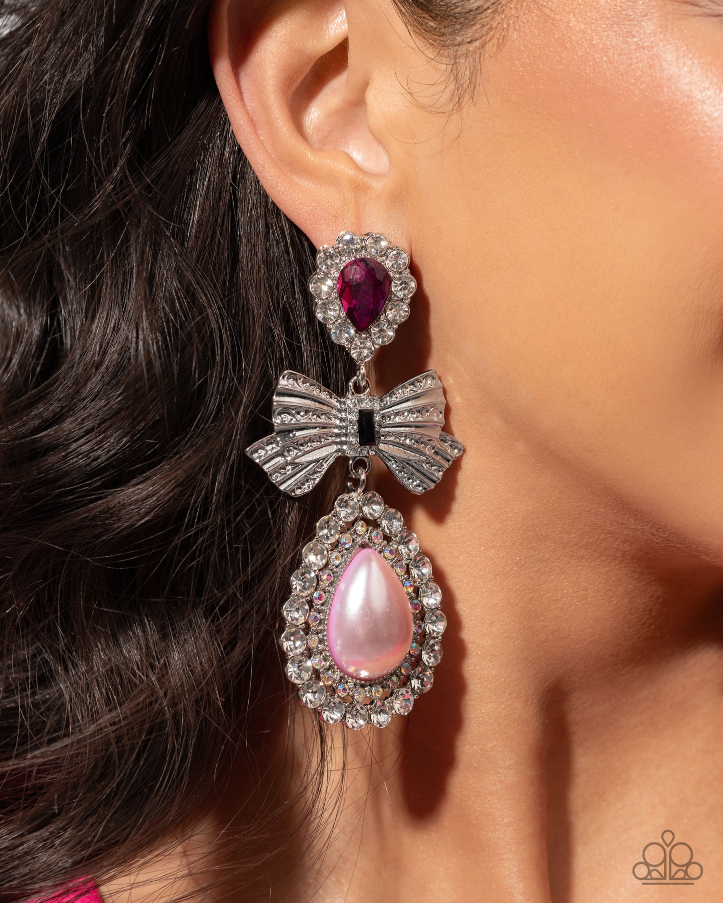 Alluring Aesthetic - Multi Pink Gem Iridescent Rhinestone Silver Bow Post Earrings - Life of the Party