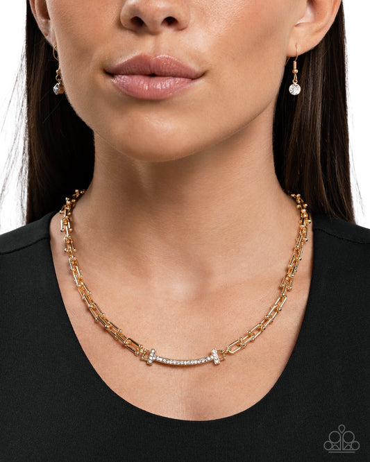 Anchored Actress - Gold White Rhinestone Bar Short Necklace