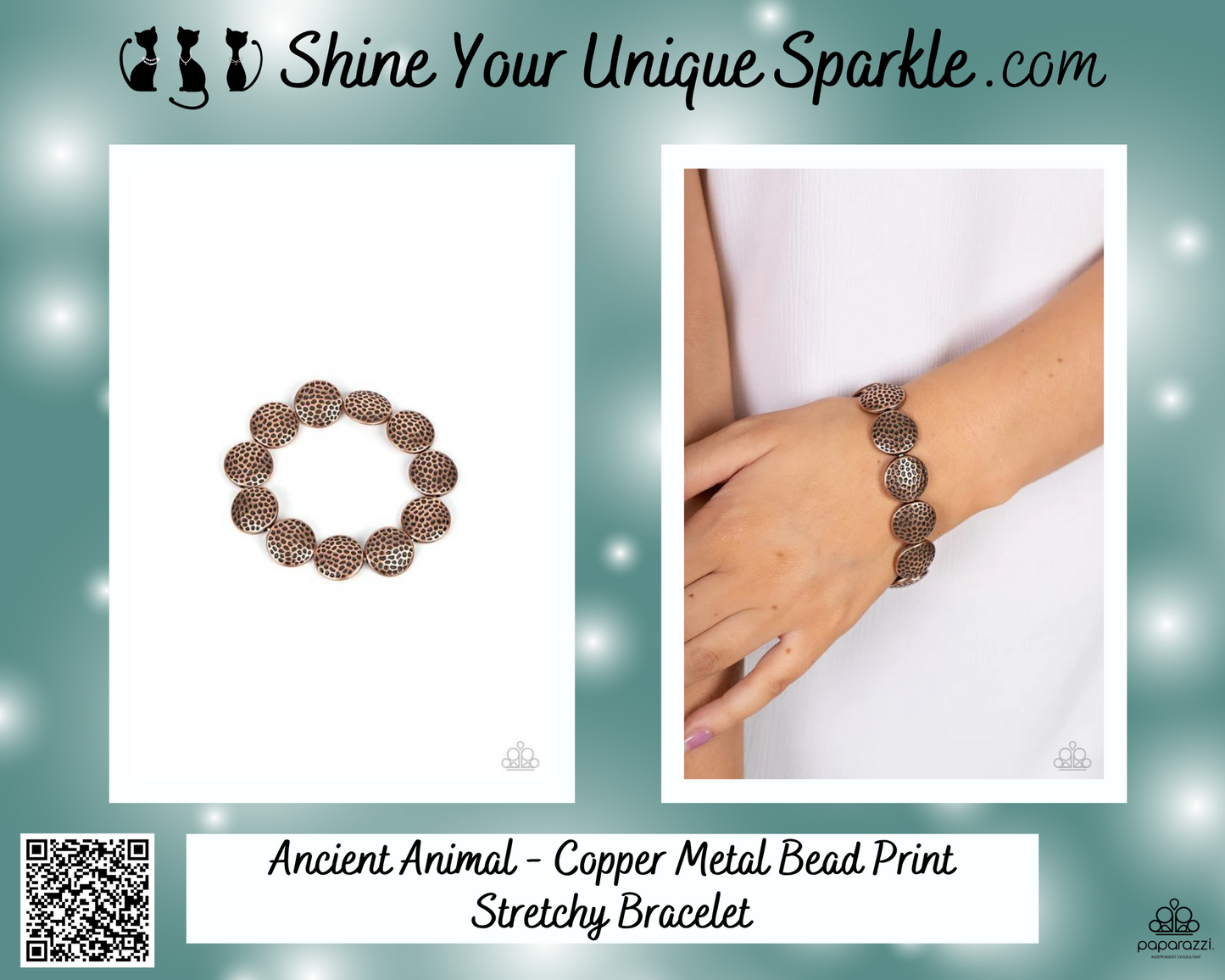 Ancient Animal - Copper Metal Bead Print Stretchy Bracelet