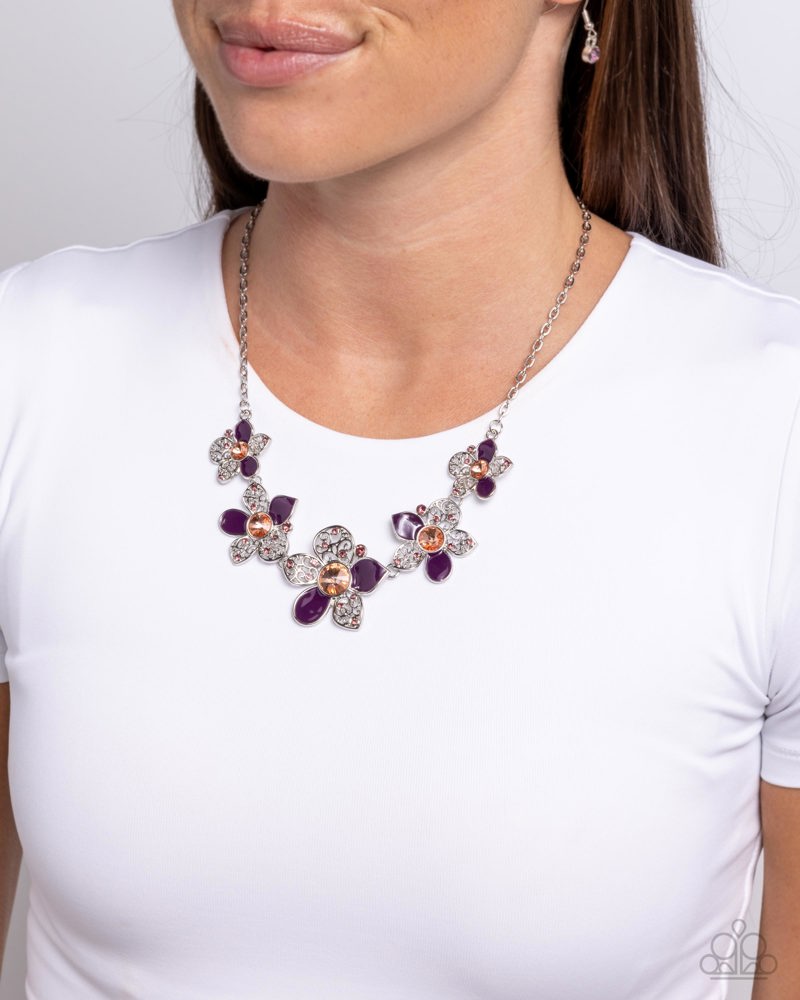 April Showers Bring Flowers - Purple Painted Peach Gem Silver Short Necklace