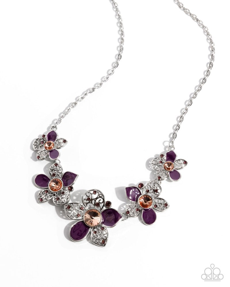 April Showers Bring Flowers - Purple Painted Peach Gem Silver Short Necklace