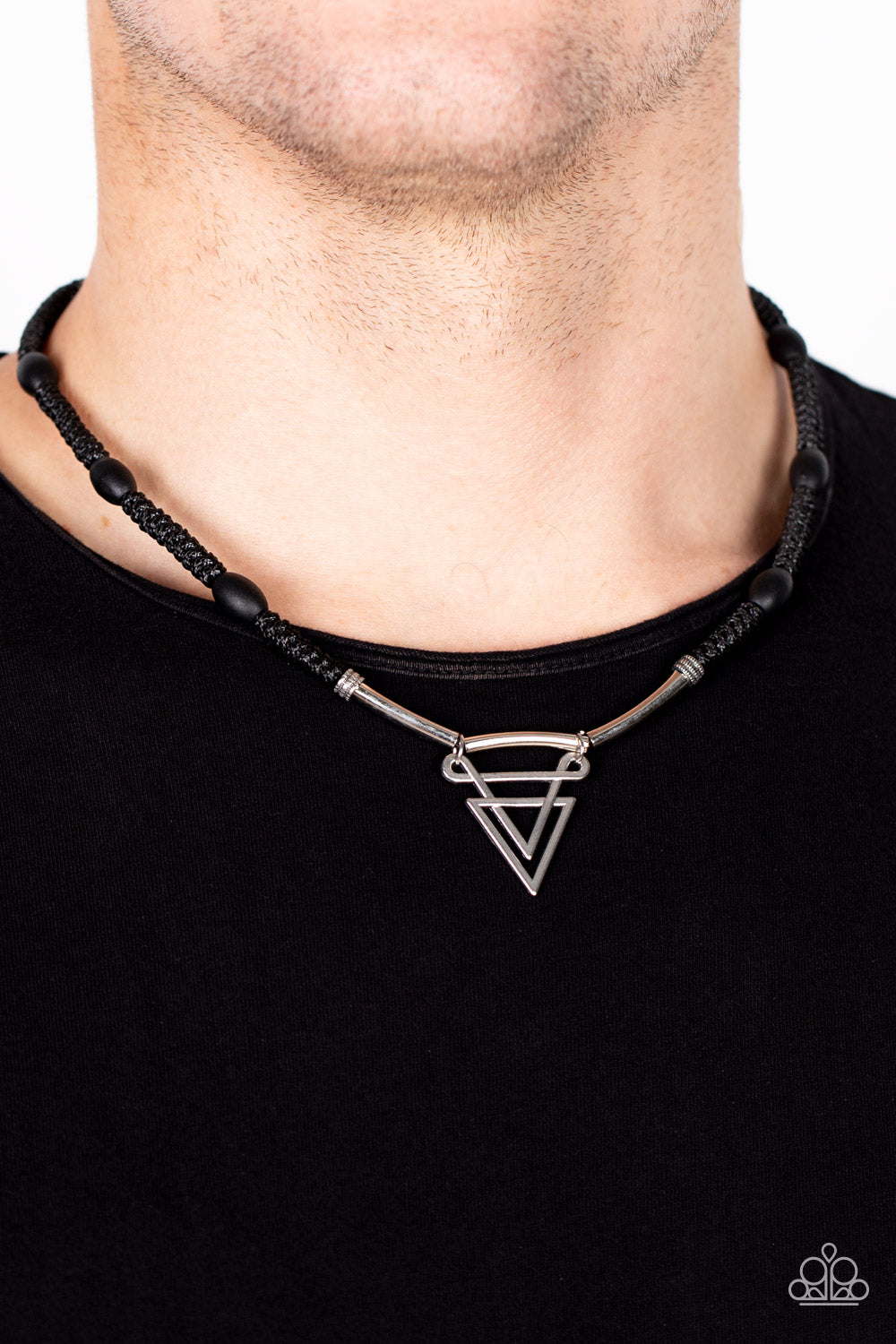 Arrowed Admiral - Black Cord Silver Triangle Urban Short Necklace