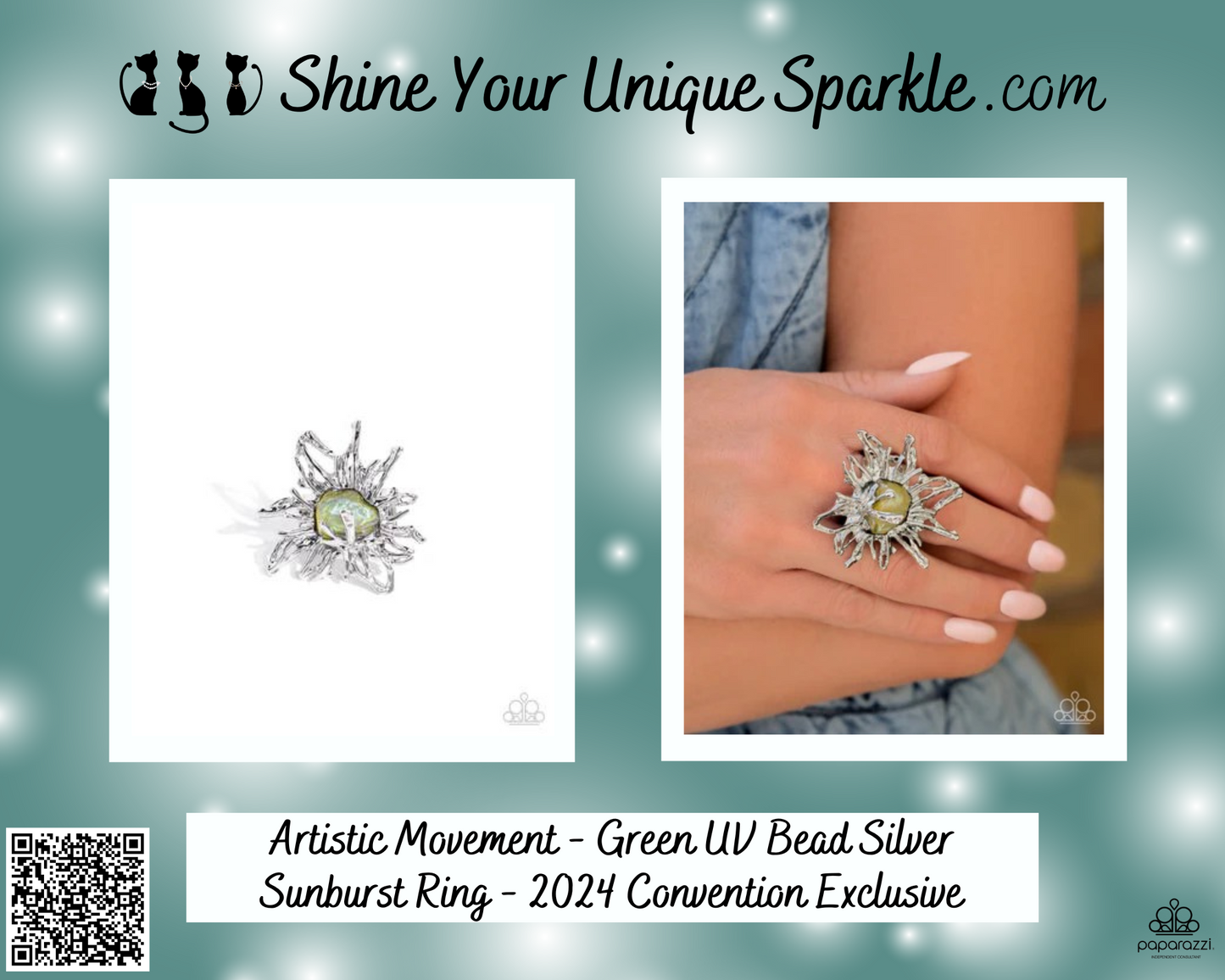 Artistic Movement - Green UV Bead Silver Sunburst Ring - 2024 Convention Exclusive