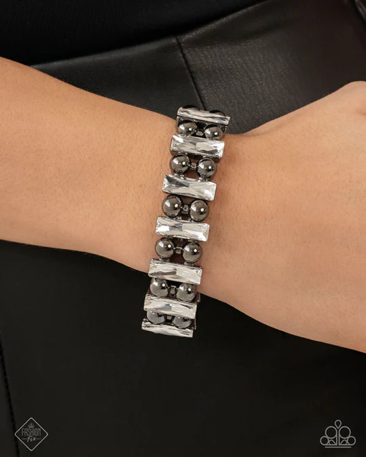 Assertive Admiration - Black Gunmetal White Gem Stretchy Bracelet - Fashion Fix