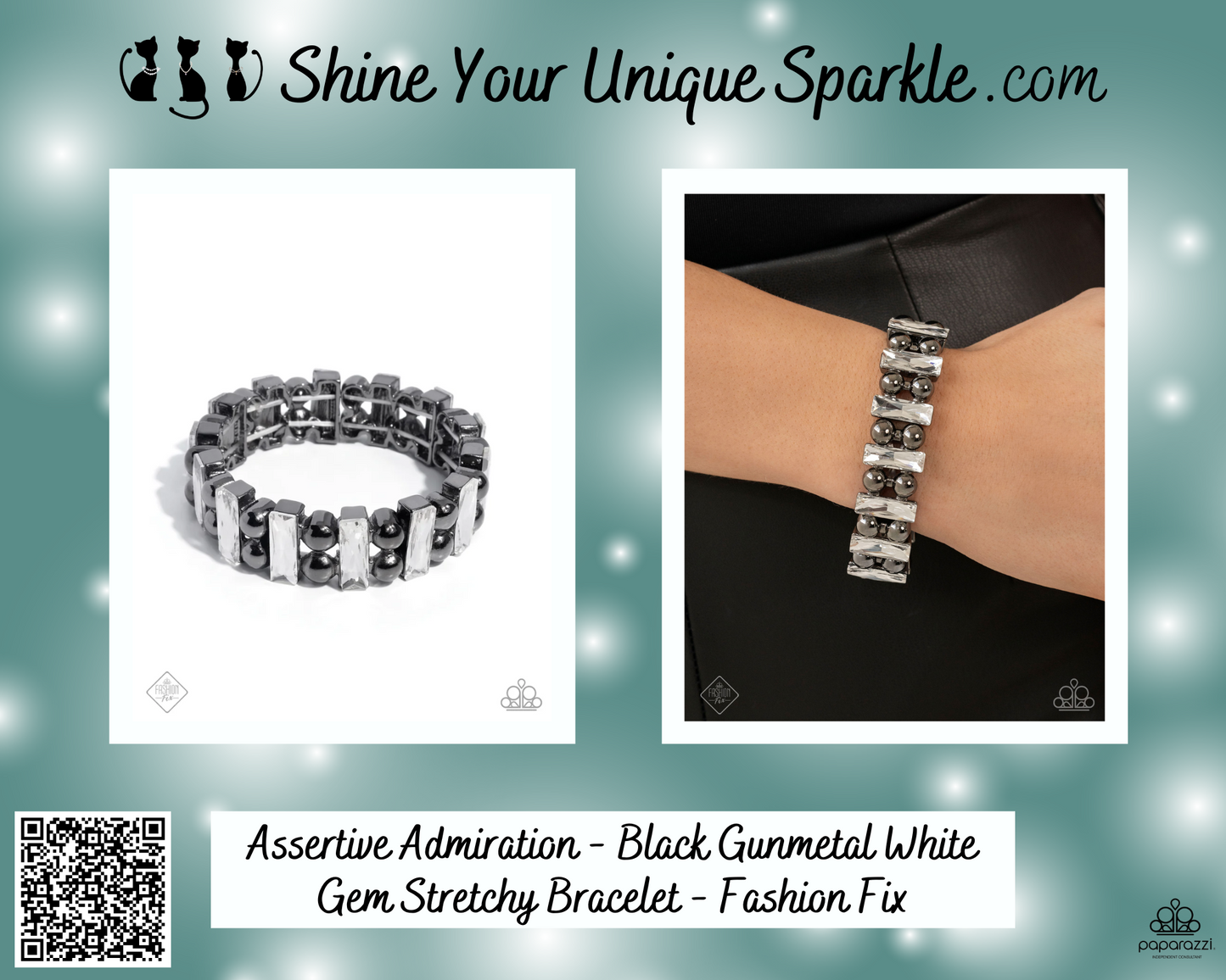 Assertive Admiration - Black Gunmetal White Gem Stretchy Bracelet - Fashion Fix