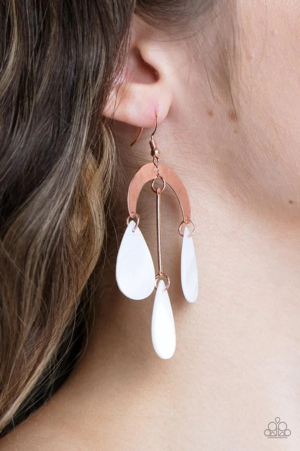 Atlantis Ambience - Copper Frame White Shell-like Teardrop Fishhook Earrings