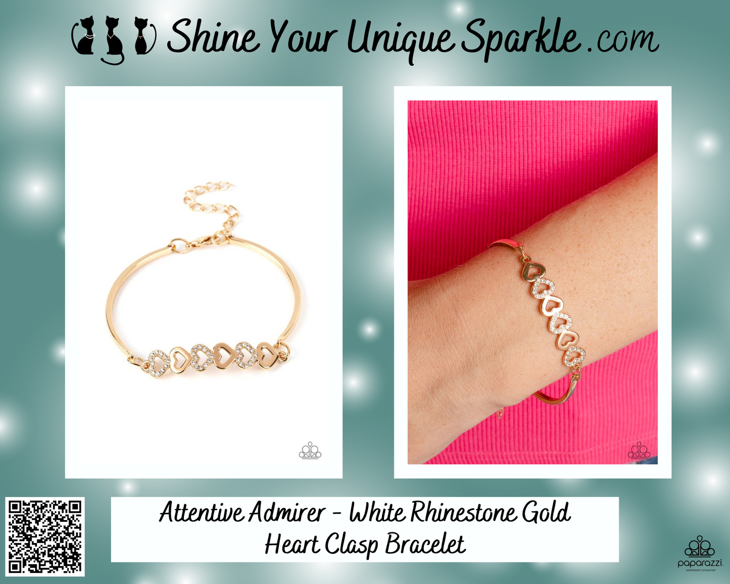 Attentive Admirer - White Rhinestone Gold Heart Clasp Bracelet