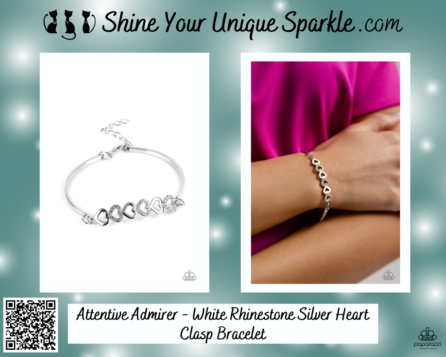 Attentive Admirer - White Rhinestone Silver Heart Clasp Bracelet