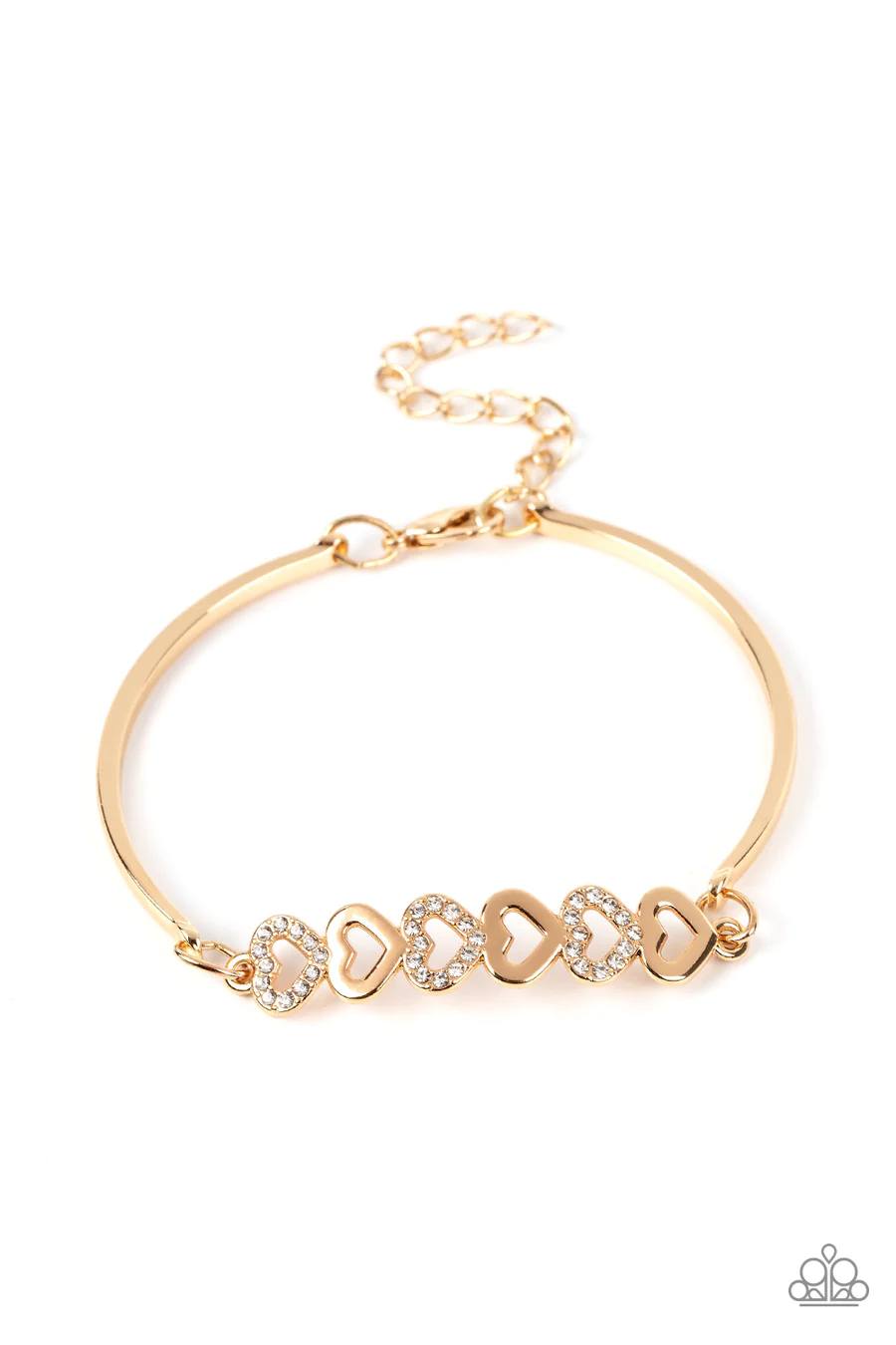 Attentive Admirer - White Rhinestone Gold Heart Clasp Bracelet