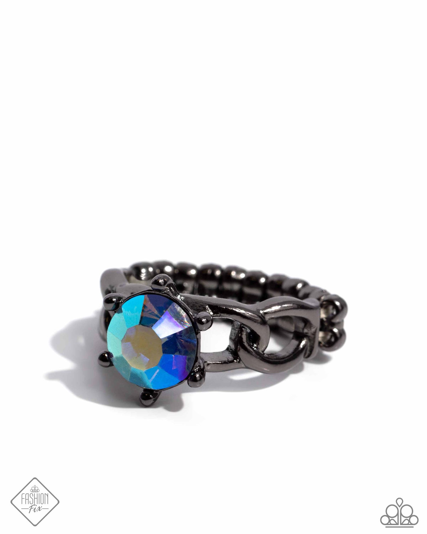 PERFECT MATCH / SET: Flair for the Fierce - Blue Iridescent Rhinestone Gunmetal Layered Short Necklace, Magnificent Musings, Fashion Fix, June 2024 AND Authoritative Ability - Blue Iridescent Gem Gunmetal Ring, Magnificent Musings, Fashion Fix, June 2024