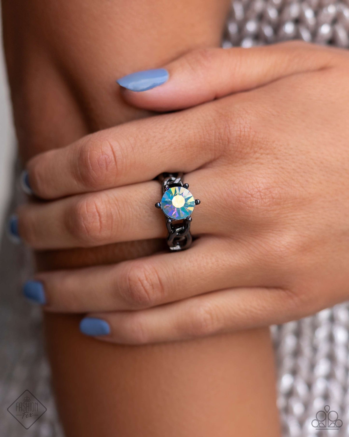 PERFECT MATCH / SET: Flair for the Fierce - Blue Iridescent Rhinestone Gunmetal Layered Short Necklace, Magnificent Musings, Fashion Fix, June 2024 AND Authoritative Ability - Blue Iridescent Gem Gunmetal Ring, Magnificent Musings, Fashion Fix, June 2024